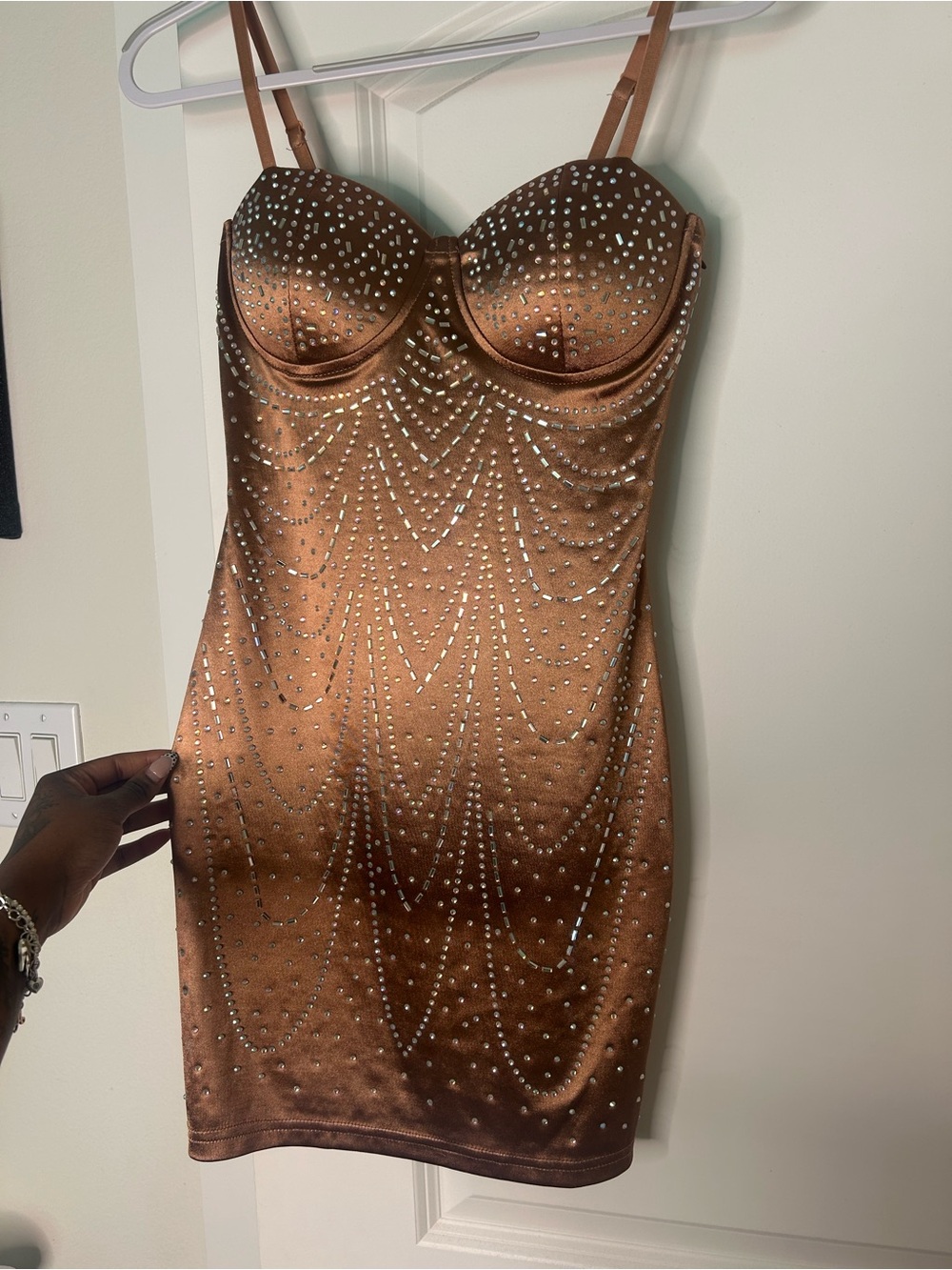Bronze Satin Studded Bodycon Mini Dress